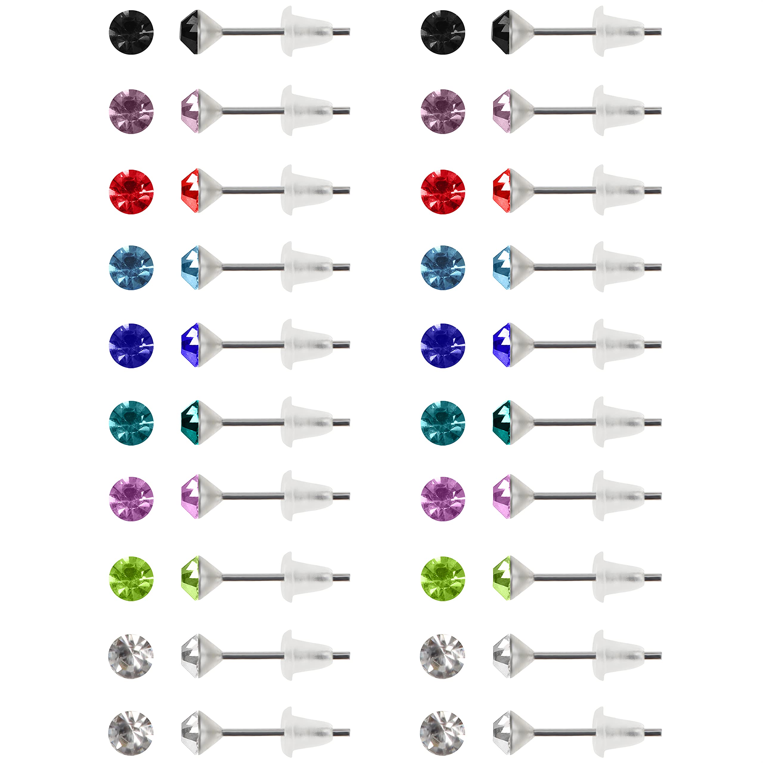 Kurtzy 20 Pairs Round Cubic Zirconia Stud Earrings with Storage Box - 4mm - 9 Assorted Birthstone Colours, Stainless Steel with Soft Rubber Back Stoppers - CZ Earring Studs For Women & Girls