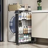 KLM Rolling Storage Cart 4-Tier Black Kitchen Cart with Wheels, Slim Storage Cart with Handle Slide Out Utility Cart Shelving Unit Organizer Trolley for Laundry Narrow Places Bathroom Small Corner