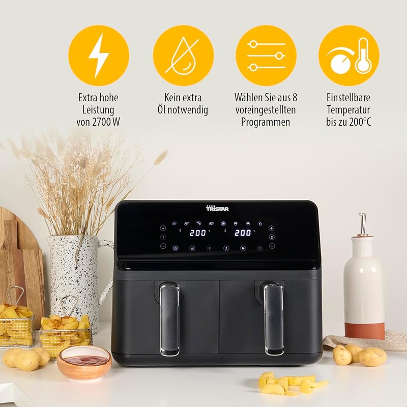 digitale Heißluftfritteuse mit Doppelkorb - 2 x 4 L Fassungsvermögen - 2700 W - 8 Programme - Temperatur pro Korb einstellbar, Blacks, FR-9026, Schwarz