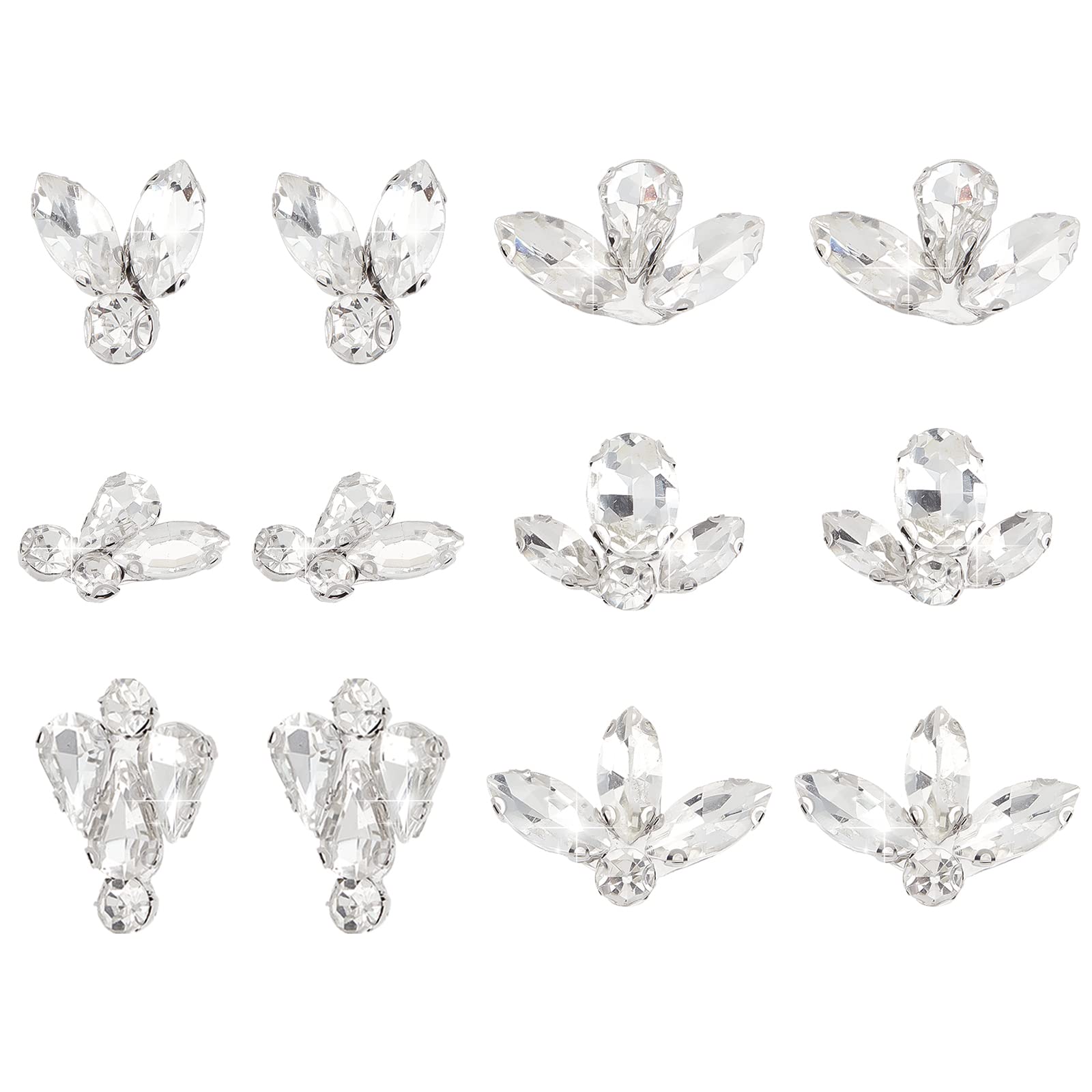 Photo 1 of FINGERINSPIRE 12PCS Leaf Glass Rhinestones - 6 Style Hot Fix Shiny Crystal Applique, Scattered Leaves Mixed Shapes Glass Crystal Applique Patch for Wedding Dress