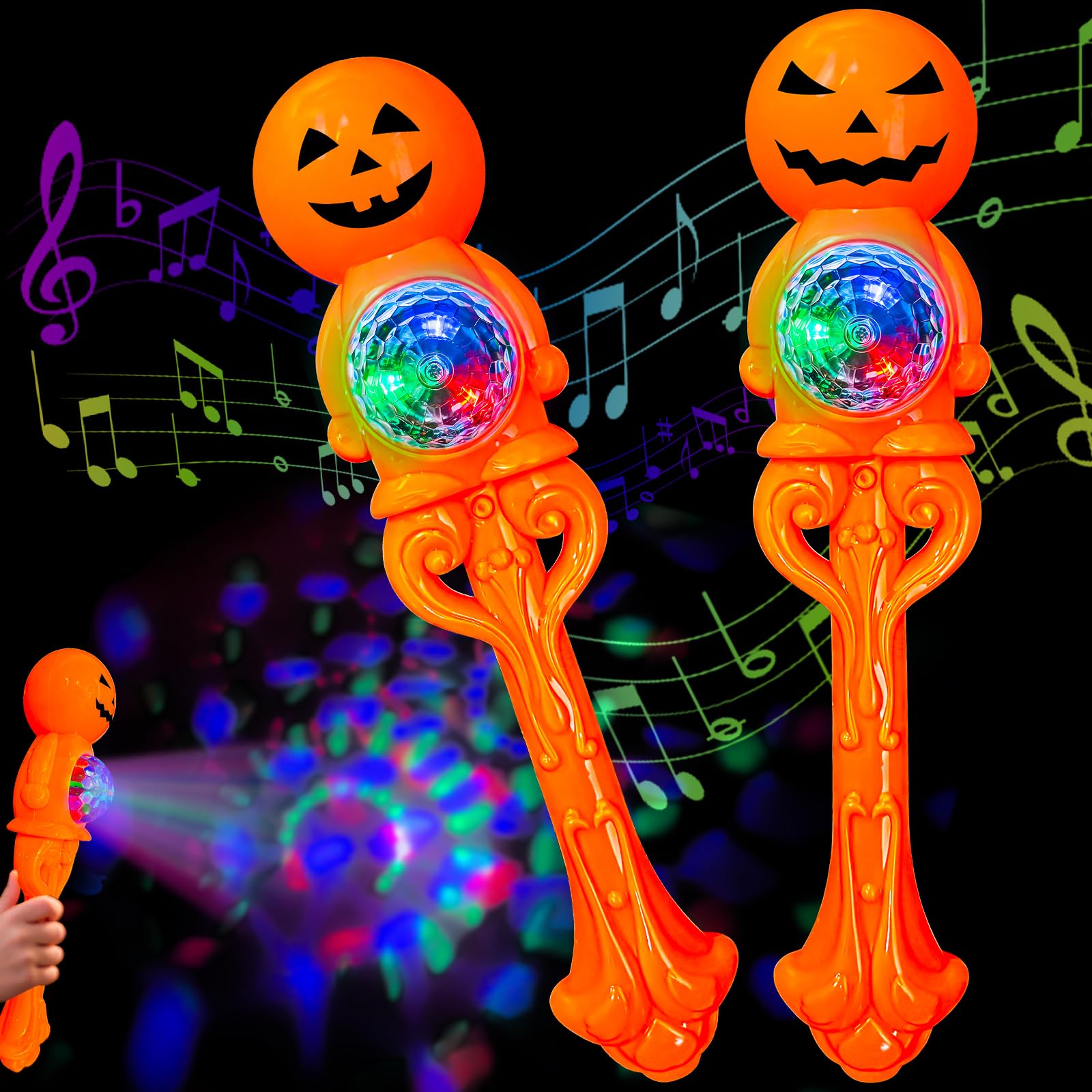 Photo 1 of 2 Pack Halloween Party Favors, Light Up Pumpkin Spinner Wand with Music, 13” Handheld Wand Halloween Toys with Colorful Light & Spin Effects, Halloween Goodie Fillers for Kids Trick or Treat Gifts