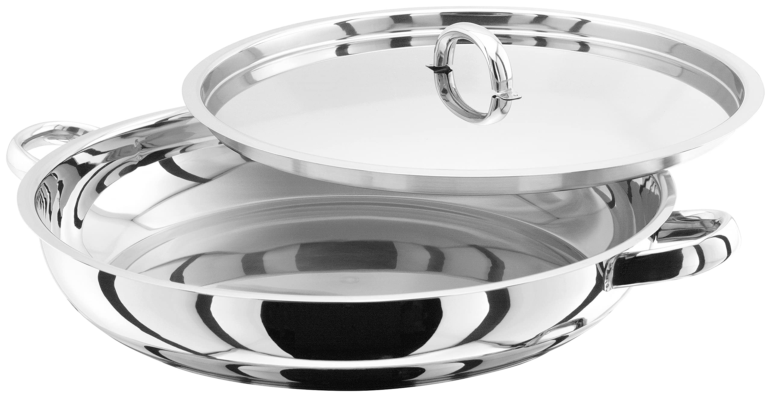 Judge Speciality Cookware Large Stainless Steel Paella Pan and Lid 30cm Induction Ready. Oven Safe, Silver
