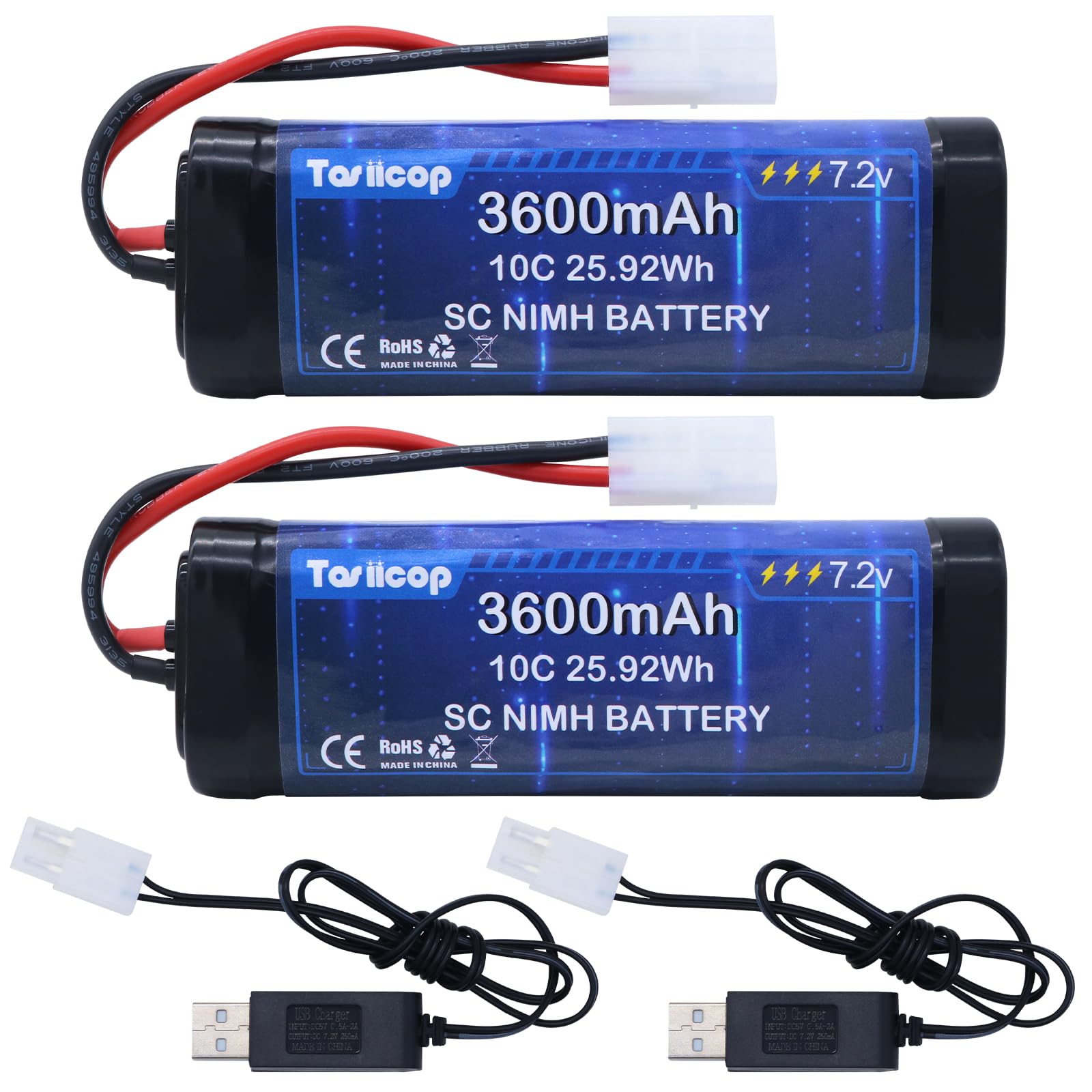 Tosiicop 7.2V 3600mAh RC Car Battery Pack - 7.2 Volt NiMH Rechargeable Batteries with Tamiya Plug Connector for Remote Control Car Monster Trucks Buggy Truggy Boat Tank and Related 2 PCS — image 1