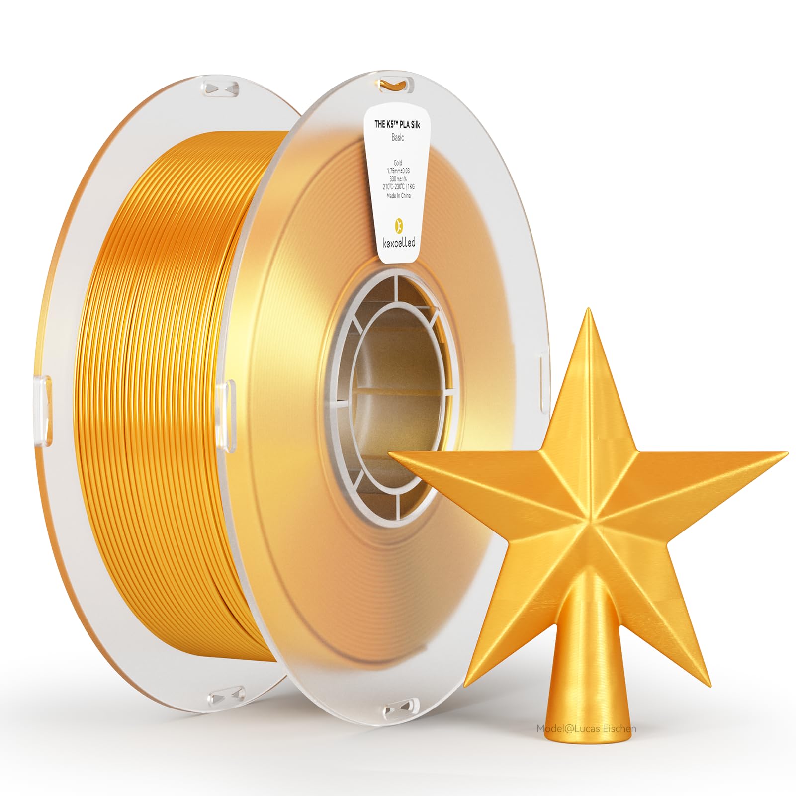 kexcelled Silk PLA Filament 1.75 mm +/- 0.03 mm, 3D Printer Filament, Shiny Glossy Surface, 1 kg Spool (2.2 lbs), for FDM Printer, Vacuum Packaging, Gold