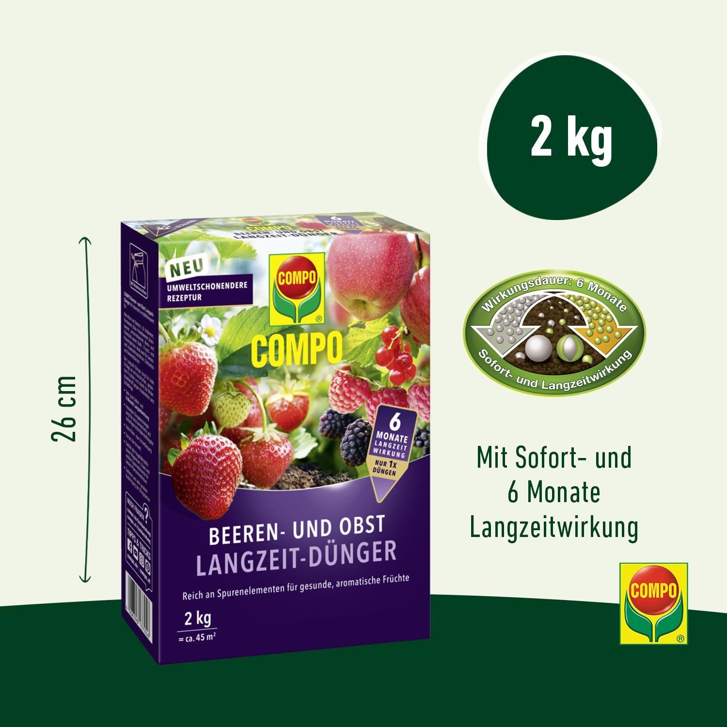 COMPO Beeren Langzeit-Dünger für Beeren, Obst und Feingemüse, Umweltschonendere Rezeptur, 6 Monate Langzeitwirkung, 2 kg, 45 m² 3