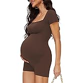 Yeshape Maternity Romper with Square Neck and Short Sleeve Bodysuit, Photoshoot Casual Workout Maternity-Clothes