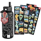 United States Map Water Bottle With Waterproof Stickers Wrap Around- Stainless Steel Insulated Vacuum Sealed 32 oz With Leak Proof Lid (United States Map BLACK)