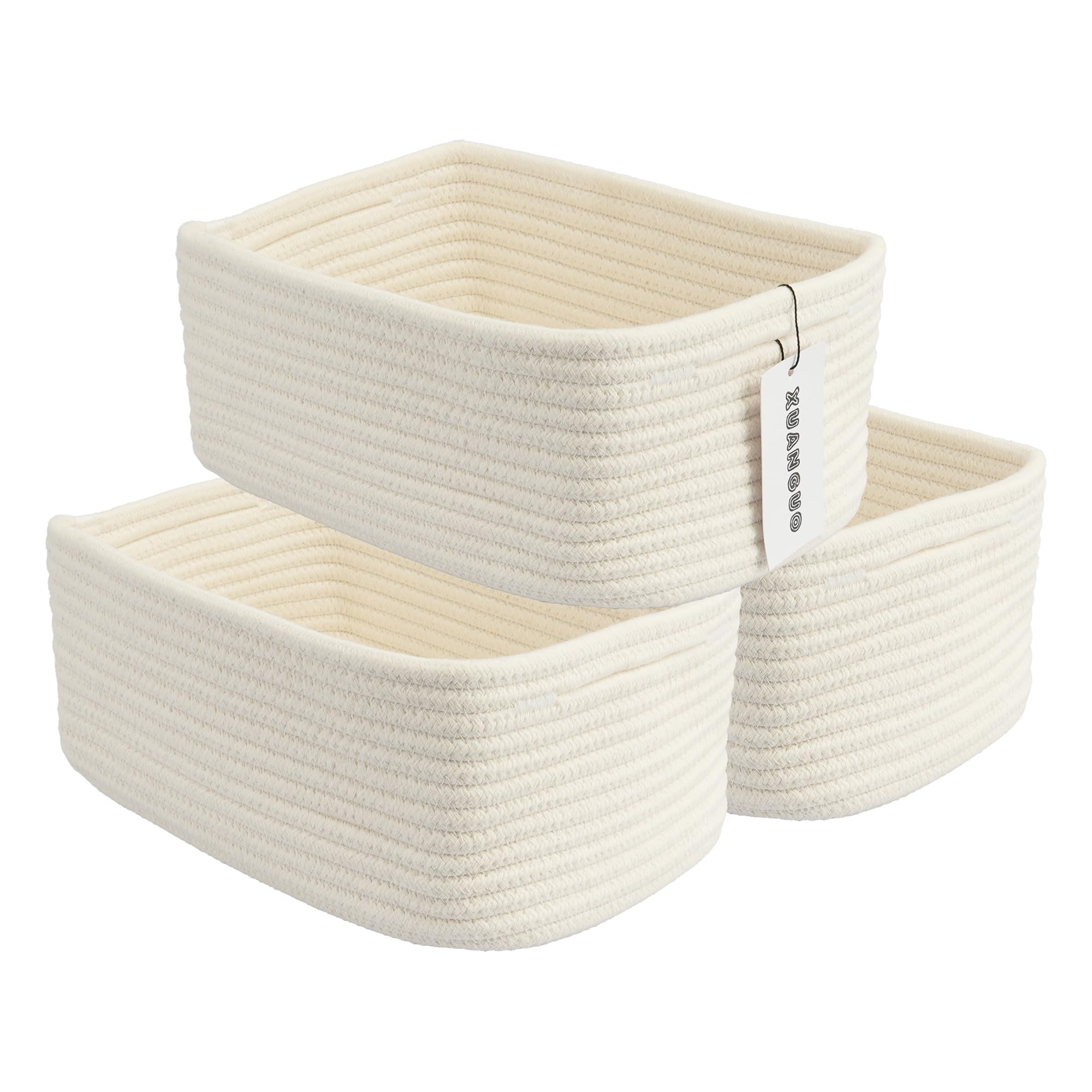 Photo 1 of (USED/FAIR) XUANGUO Small Woven Storage Baskets 12“X8”X5“ Decorative Rope Bins for Organizing Shelves, Closets, and Toys, Empty Gift Baskets, Cute Organizer Basket for Home and Office (white, regular)