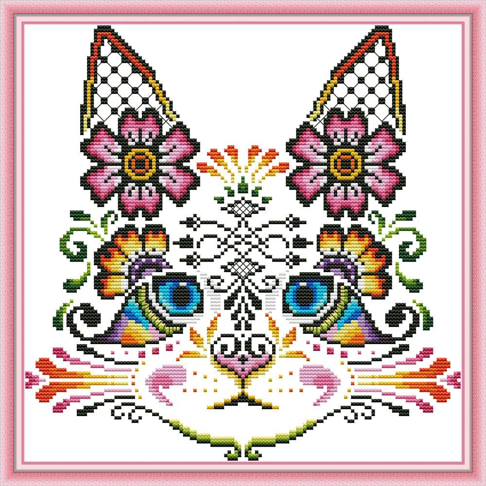 WOWDECOR Cross Stitch Embroidery Kits for Adults Kids, Lovely Cat Elves Flowers 11CT Stamped DIY DMC Needlework Easy Beginners