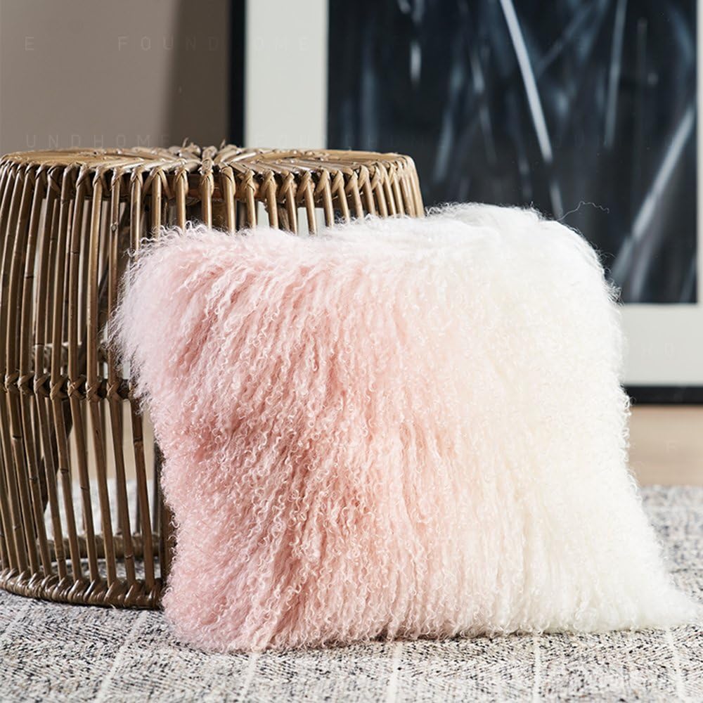 100% Real Mongolian (Tibetan) Lamb Wool Soft Plush Pillow Cushion Cover/Pillowcase(20x20inch, Gradient-Pink)
