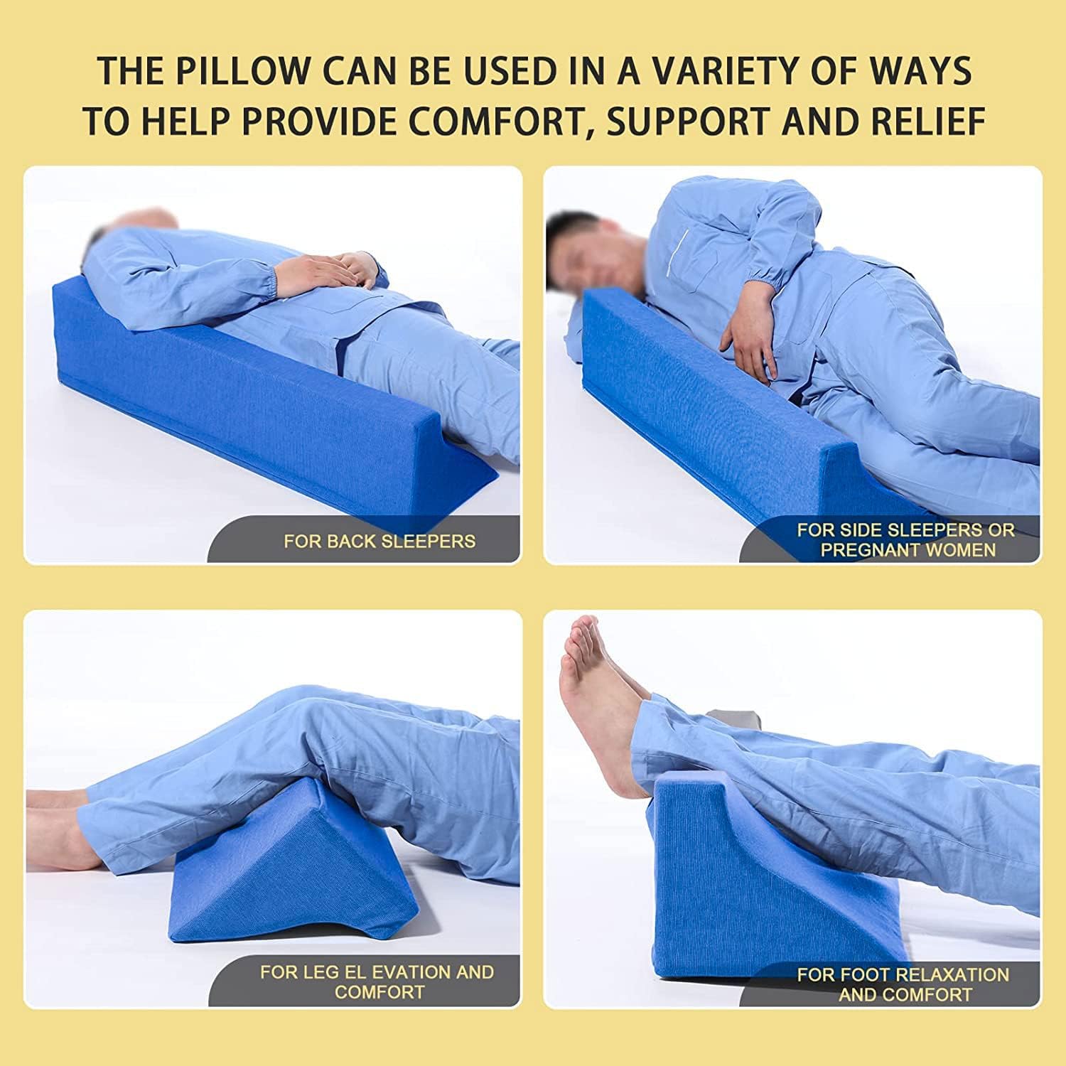 34.2in Bed Wedges & Body Positioners, 30 Degree Wedge Pillow for Side Sleeping/After Surgery, Triangle Foam Bed Wedge Pillow with Blue Machine Washable Cover, for Pregnancy, Back, Leg Pain Relief