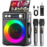 Karaoke Machine, Portable Bluetooth Speaker with 2 Wireless Microphones, PA System for Adults Kids with LED Lights, Supports