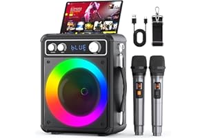 VOSOCO Karaoke Machine, Portable Bluetooth Karaoke Speaker with 2 Wireless Microphones, PA System for Adults Kids with LED Lights, Supports FM/AUX/USB/TF for Home Party