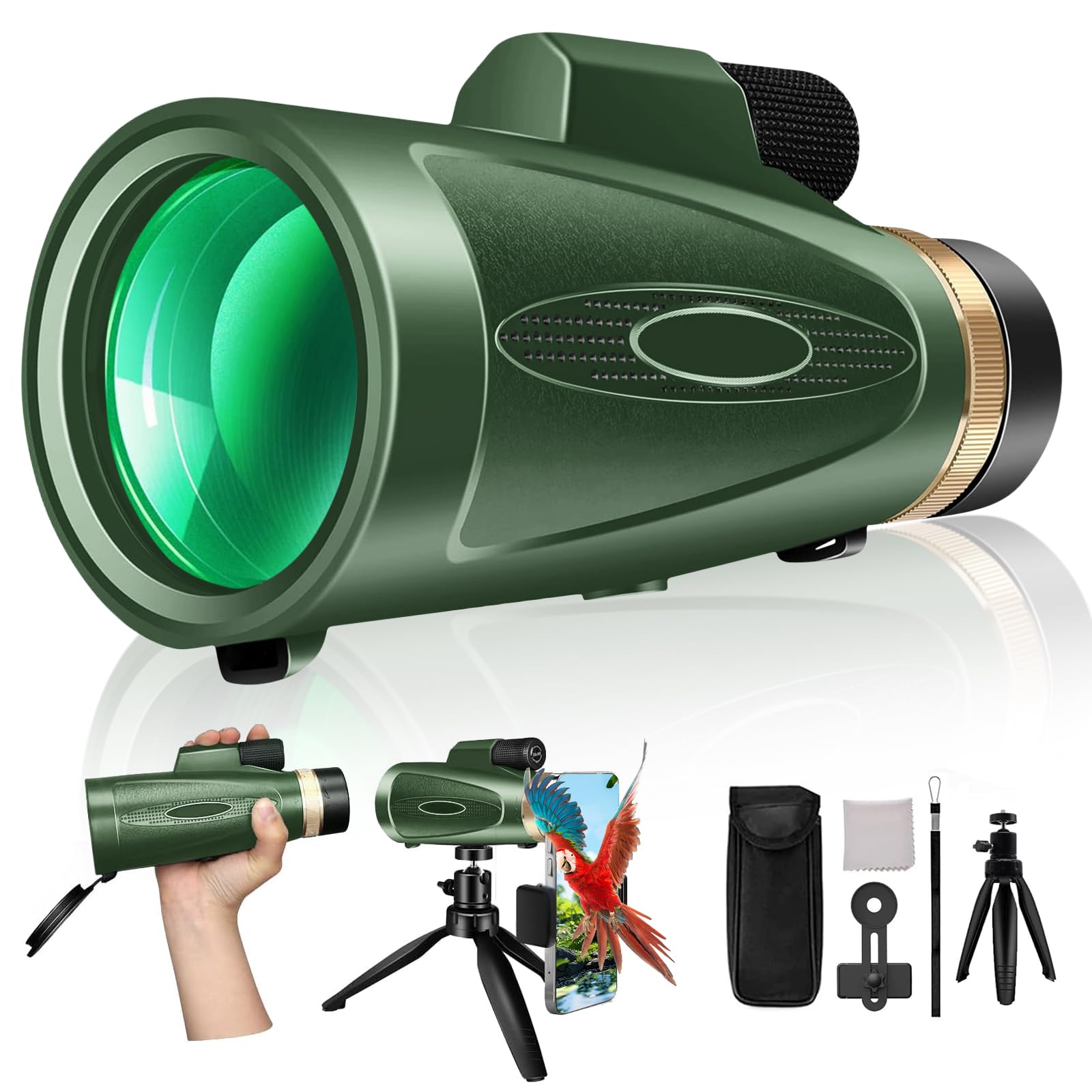 Photo 1 of Monocular Telescope 80x100 High Power with Smartphone Adapter Tripod, Wide Field Monoculars for Adults with BAK4 Prism & FMC Lens, for Bird Watching Hunting Hiking Camping Wildlife-Green