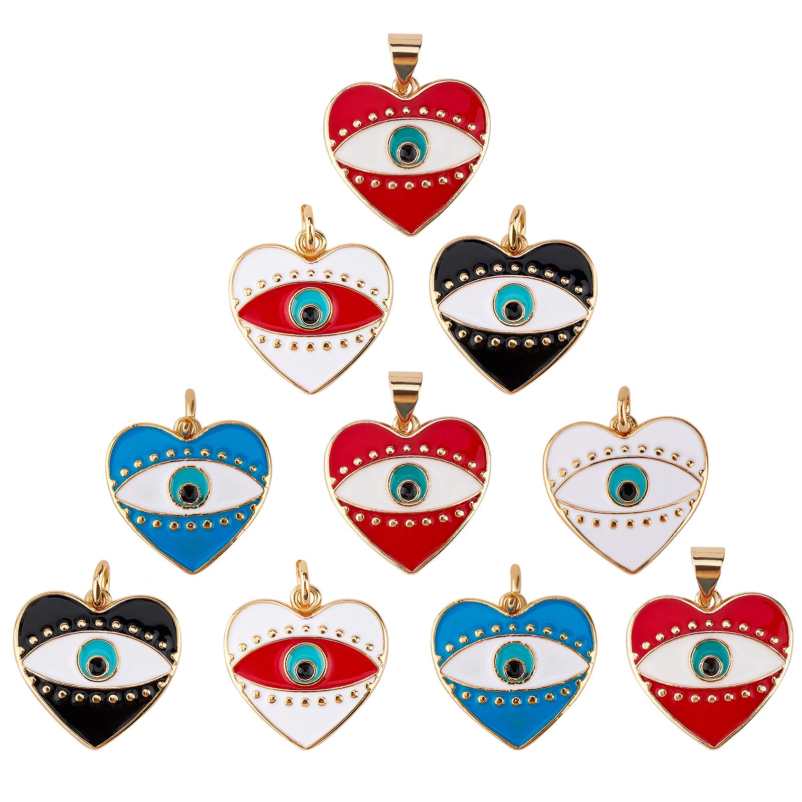 NBEAS Evil Eye Heart Pendants, 10 Pieces Golden Enamel Heart Pendant Charms for DIY Necklace Bracelet Earring Making, Mixed Color, 17.5x18x2.5mm