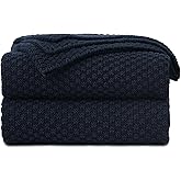 Longhui bedding Dark Navy Blue Knitted Throw Blanket for Couch, Soft, Cozy Machine Washable 100% Cotton Sofa Knit Blankets, Heavy 3.0lb Weight, 51 x 63 Inches, Dark Navy Blue Color.