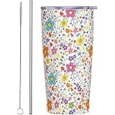 XUNNEECY Colorful Flower Tumbler Cup with Lid and Straw, 20 oz Stainless Steel Insulated Travel Mug, Hot and Cold Water Bottle, Watercolor Florals Souvenir for Men Women
