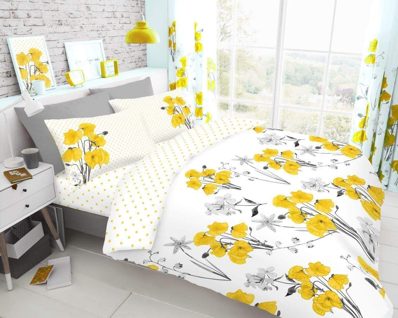 GC GAVENO CAVAILIA Poppy Floral Double Bedding Set, Reversible Duvet Cover with Pillowcases | Easy Care Cotton Blend Quilt Cover | Soft, Durable and Machine Washable Bed Linen, Yellow