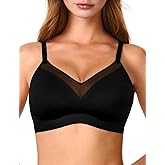 Lehoba V Neck Mesh Wireless Bras for Women, Seamless Push Up Bralette No Underwire Bra Comfortable Everyday