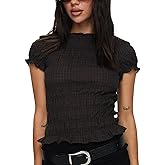 Womens Y2K Smocked Shirt Shirred Short Sleeve Crewneck Crop Top Ruffle Hem Going Out Tee Top
