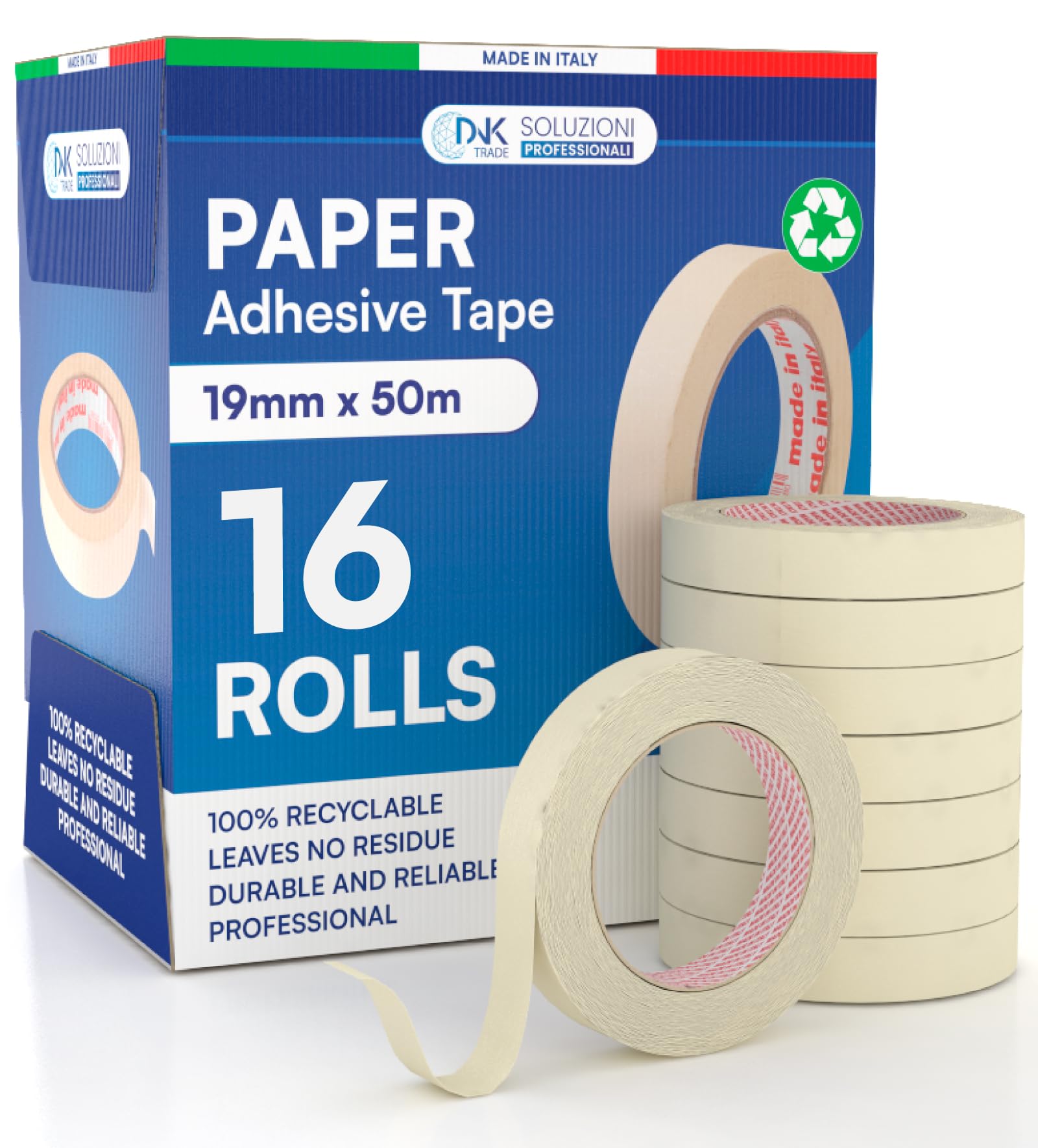DNK TRADE Paper Tape - 16 Rolls of Painters Tape 19mm x 50m - Professional 19x50 Recyclable Gummed Paper for Masking Painting and Whitewashing