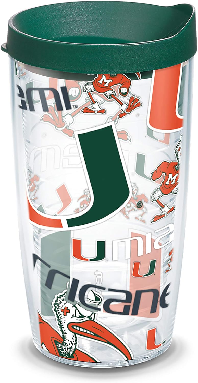 Tervis NCAA Miami Hurricanes All Over Insulated Travel Tumbler with Lid, 16 oz, Clear