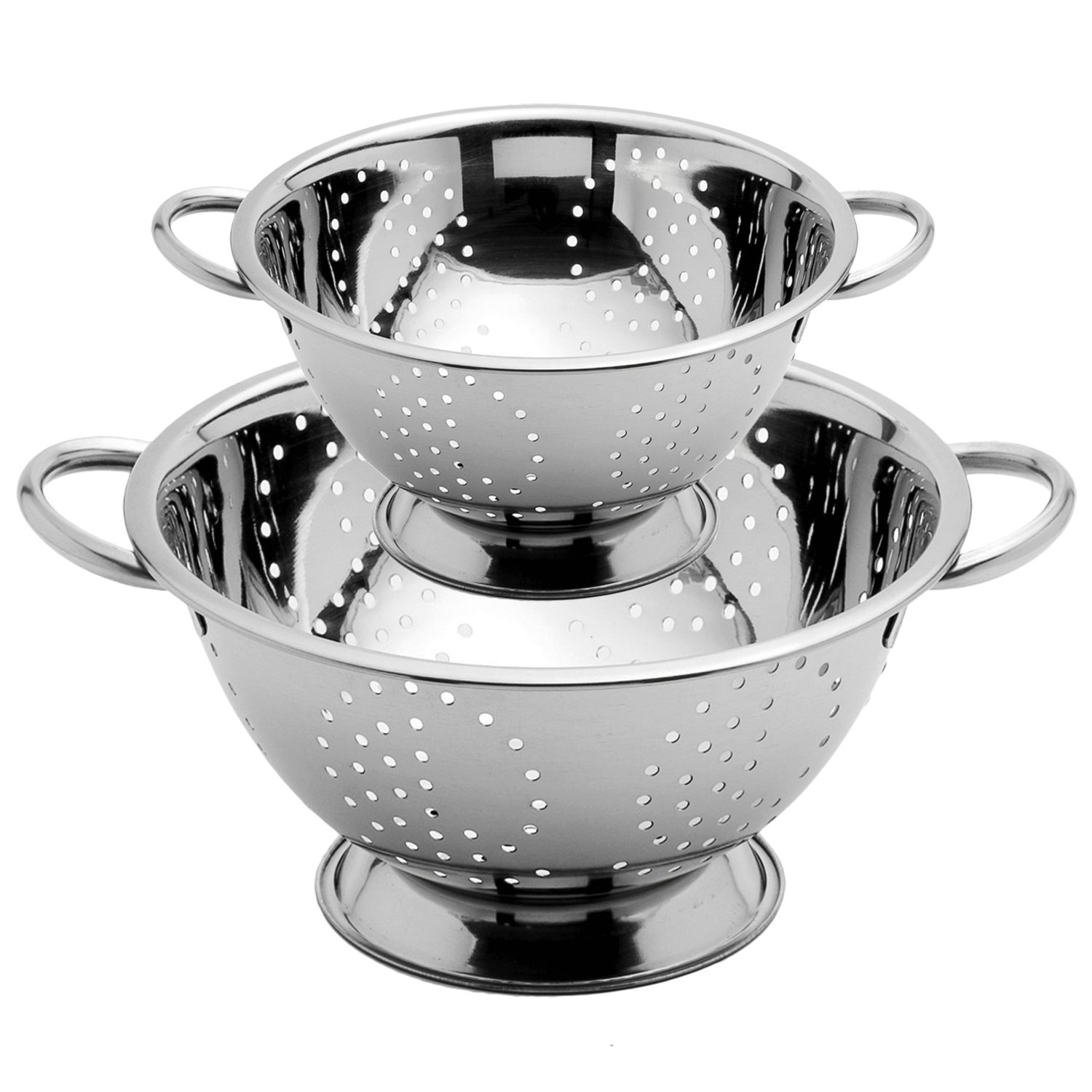Menax - Set of 2 Stainless Steel Colanders with Handle - Colander/Food Strainer for Kitchen Pasta/Vegetable/Rice/Fruit/Food - Kitchen Colanders with Handle - Footed Base - 18 and 24 cm