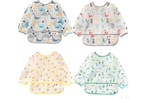FORUSKY 4 Pack Baby Feeding Bibs Long Sleeve Bibs Toddler Boy Girl Waterproof Bibs Smock with Pockets Washable