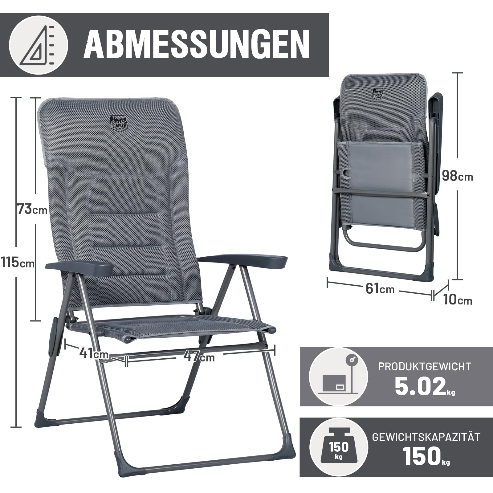 TIMBER RIDGE Campingstuhl Faltbar mit Hoher Lehne Klappstuhl Luxus Gepolsterter Balkonstuhl mit 7 Positionen, Verstellbarer Gartenstuhl für Camp, Garten, Balkon Belastbar 150 KG Grau 6
