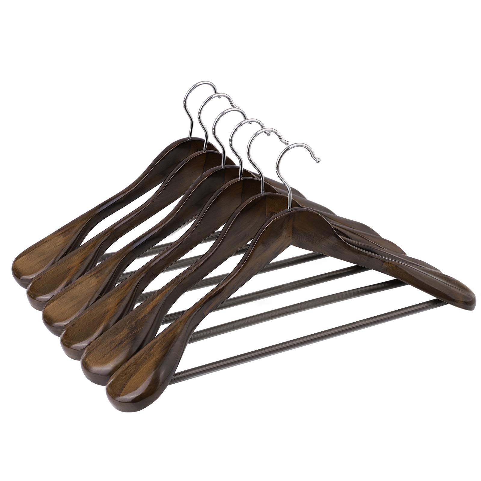 SONGMICS Suit Hangers, Solid Wood Hangers with Broad Ends Non-Slip Trouser Bar, Set of 6 for Outfits, Shirts, Coats, Jackets, Trousers, Pants, 360° Swivel Hook, Dark Walnut CRSH06V — image 1