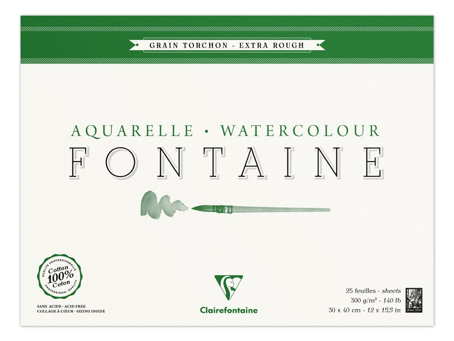 Clairefontaine - Ref 96430C - Fontaine Extra Rough Watercolour Glued Pad (25 Sheets) - 30 x 40cm Size, 300gsm Paper - Suitable for Watercolour Artwork — image 1
