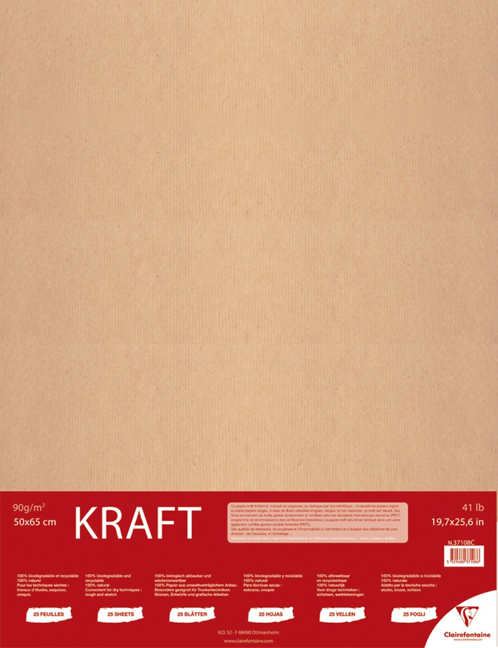 Clairefontaine - Ref 37108C - Kraft Paper (25 Sheets) - 50 x 65cm Sized - Natural Brown, Smooth Side & Ribbed Side, 90gsm Paper, Acid Free, pH Neutral