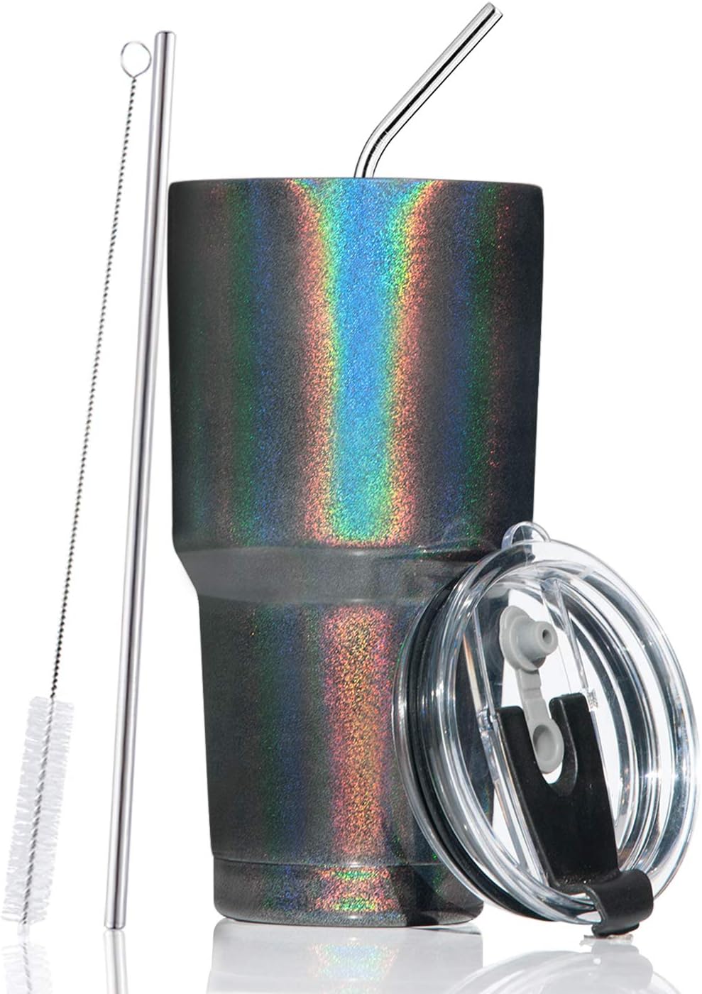 30oz Stainless Steel Insulated Sparkle Black Tumbler Travel Mug with Straw Slider Lid, Cleaning Brush, Double Wall Vacuum