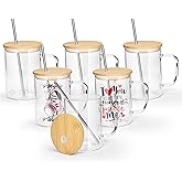 AGH 6 Pack Glass Sublimation Cups With Handle, 16oz Transparent Blanks With Bamboo Lid and Stainless Steel Straw, Mugs Tumblers
