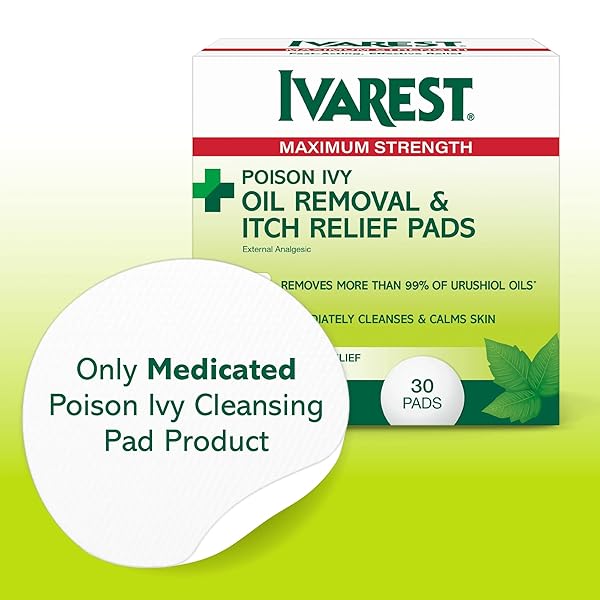 IVAREST POISON IVY OIL REMOVAL AND ITCH RELIEF PADS, 30 COUNT, POISON IVY WIPES, MAX STRENGTH, POISON PLANT AND INSECT BITE RELIEF, POISON IVY, OAK, SUMAC TREATMENT, ANTI-ITCH, MEDICATED, 30 CT.