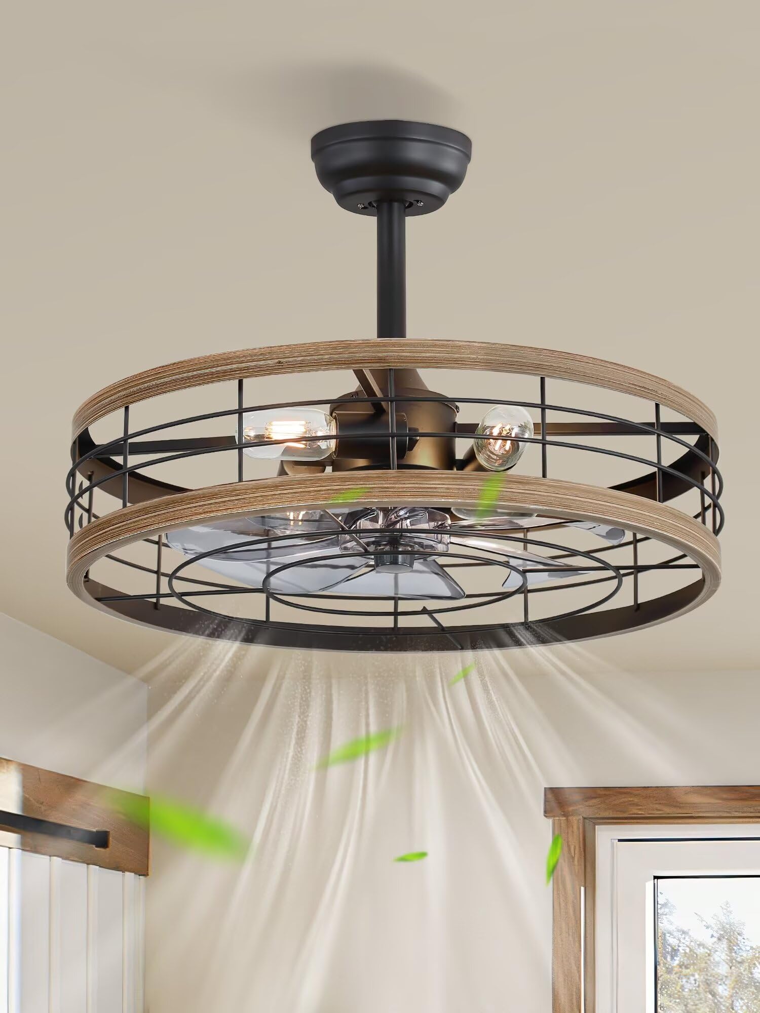 Photo 1 of LEDIARY 22 inch Caged Ceiling Fan with Light, Fandelier Industrial Ceiling Fan with Remote, Farmhouse Fan Lights Ceiling Fixtures for Kitchen, Bedroom, Outdoor?6 Speed, Timing?-Brown