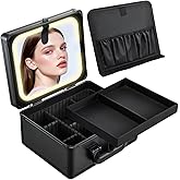 Faquenc Makeup Case with Lighted Vanity Mirror, Makeup Organizer Box Travel Make up Case with LED Mirror Portable Cosmetic Train Case for Countertop Lockable Makeup Suitcase with Adjustable Dividers
