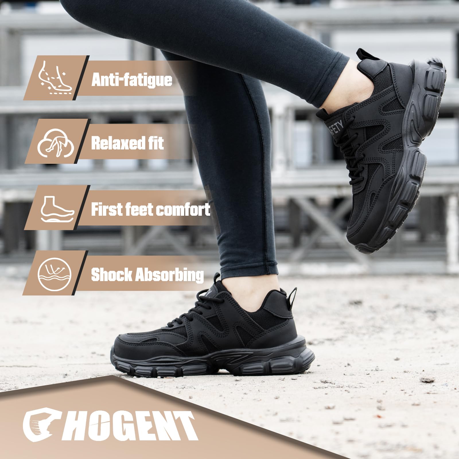 Hogent Steel Toe Shoes for Women Men Wide Non Slip Composite Work Sneakers Indestructible Comfortable Safety Tennis Shoes Lightweight Breathable Construction Sneakers Puncture Proof Ergonomic Design