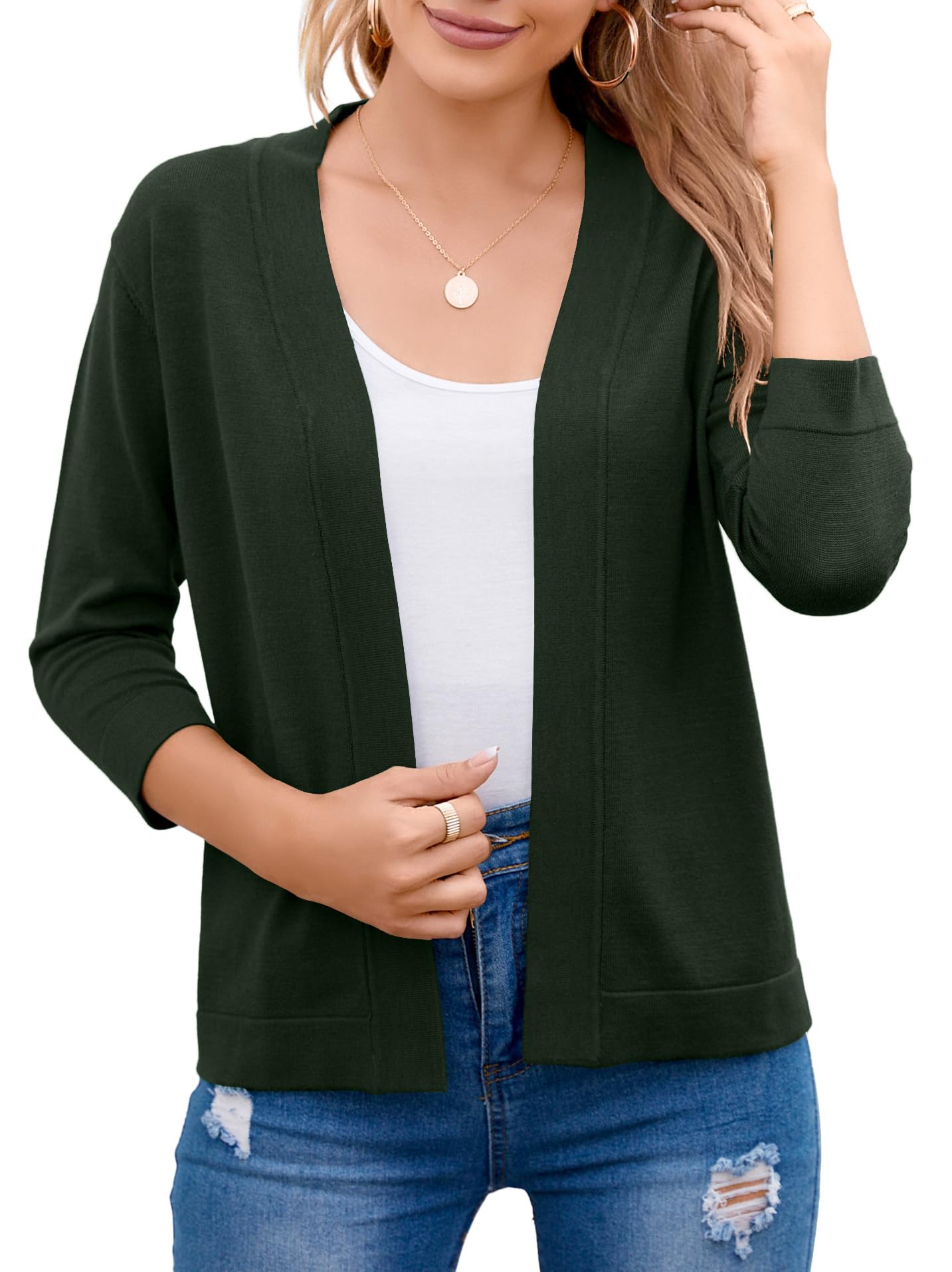 Bettysays Women's 3/4 Sleeve Open Front Cropped Cardigan Sweater Elegant Shrugs for Women (Large,Army Green) Image