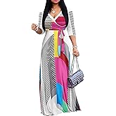 FANDEE Women Print Maxi Dress V Neck 3/4 Sleeve for Women Casual Tie Waist Belted Dresses