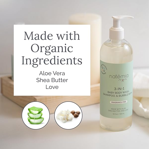NATEMIA TEAR-FREE 3-IN-1 BABY SHAMPOO, BODY WASH, & BUBBLE BATH DERMATOLOGIST APPROVED MADE WITH SHEA BUTTER AND ALOE 15 FL OZ