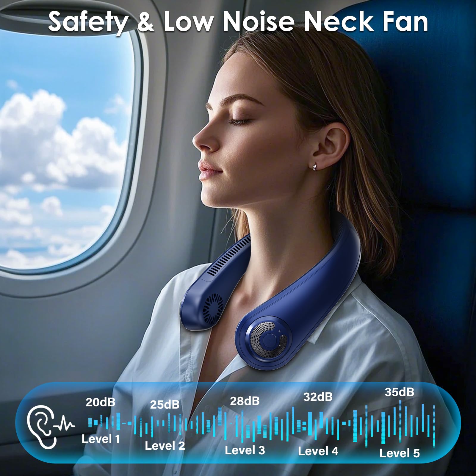 Portable Lightweight Neck Fan Rechargeable, 5 Speeds, Neck Support, USB Personal Bladeless Wearable Cooling Neck Fan for Hot Flashes, Disneyland, Travel, Christmas Gift for Men Women (Blue)