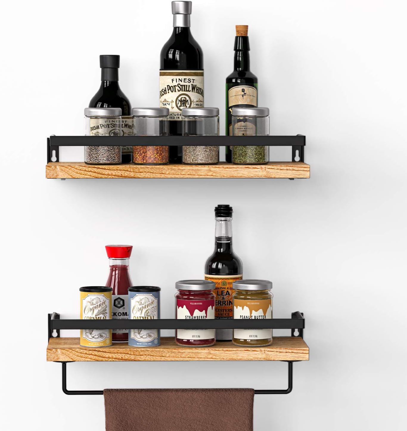 Amada Rustic Floating Shelves Wall Mounted, Solid Paulownia Wood Set of 2 for Kitchen, Bathroom, and Bedroom, Decorative Storage Shelf with Removable Towel Holder, Strong Black Metal Frame: Furniture & Decor