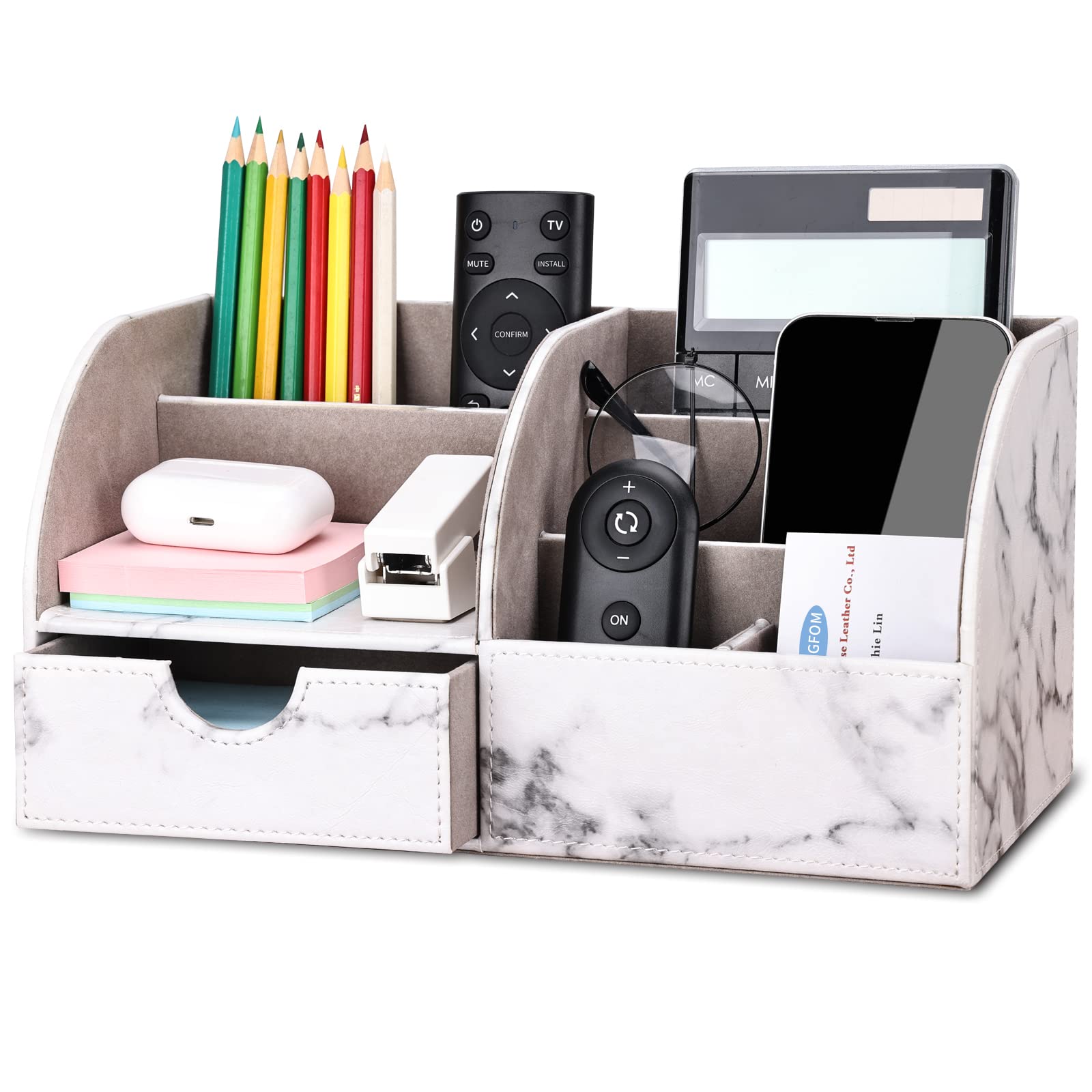 KINGFOM PU Leather Office Desk Organiser Tidy Pen Pencil Pots Holder Stationery Storage Box Desk Accessories (Half Pu-Gray Marble)