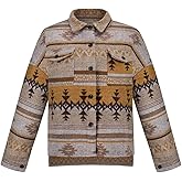 COWOKA Women's Vintage Aztec Print Pattern Loose Shacket Button Down Long Sleeve Woolen Jacket Shirts Coat
