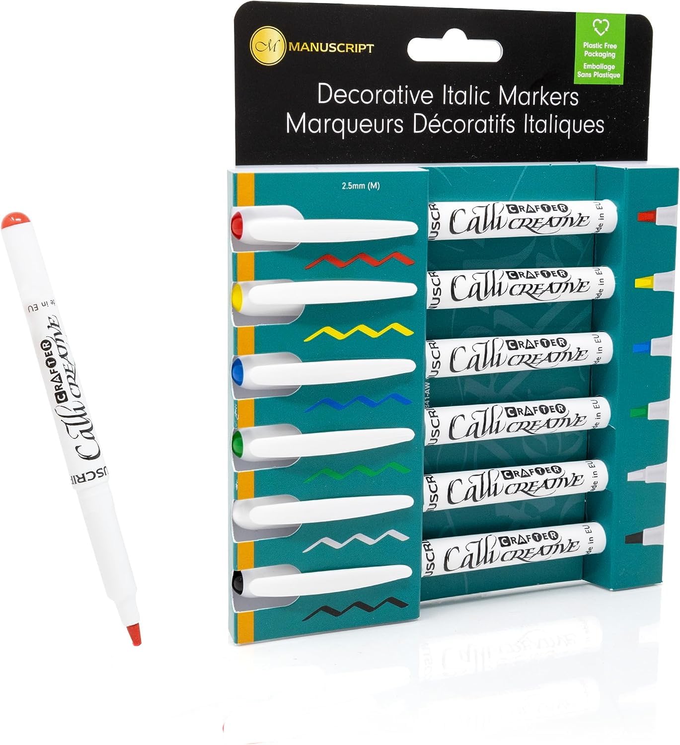 MANUSCRIPT Callicreative Italic Marker Pen | Multicolour Permanent Markers | Calligraphy Pens for Lettering, Journals & Crafts | Set of 6 Medium 2.5mm Chisel Tip Pens