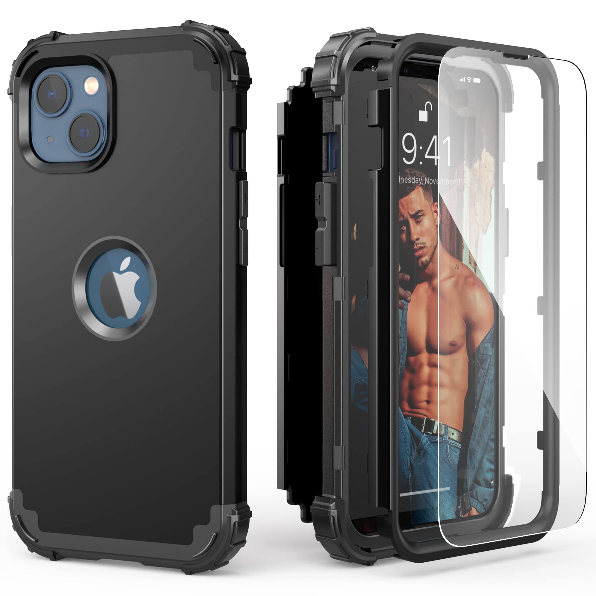 IDweel for iPhone 15 Plus Case with Screen Protector, 3 in 1 Shockproof Slim Fit Hybrid Heavy Duty Hard PC Cover Soft Silicone Bumper Full Body Case (Black)
