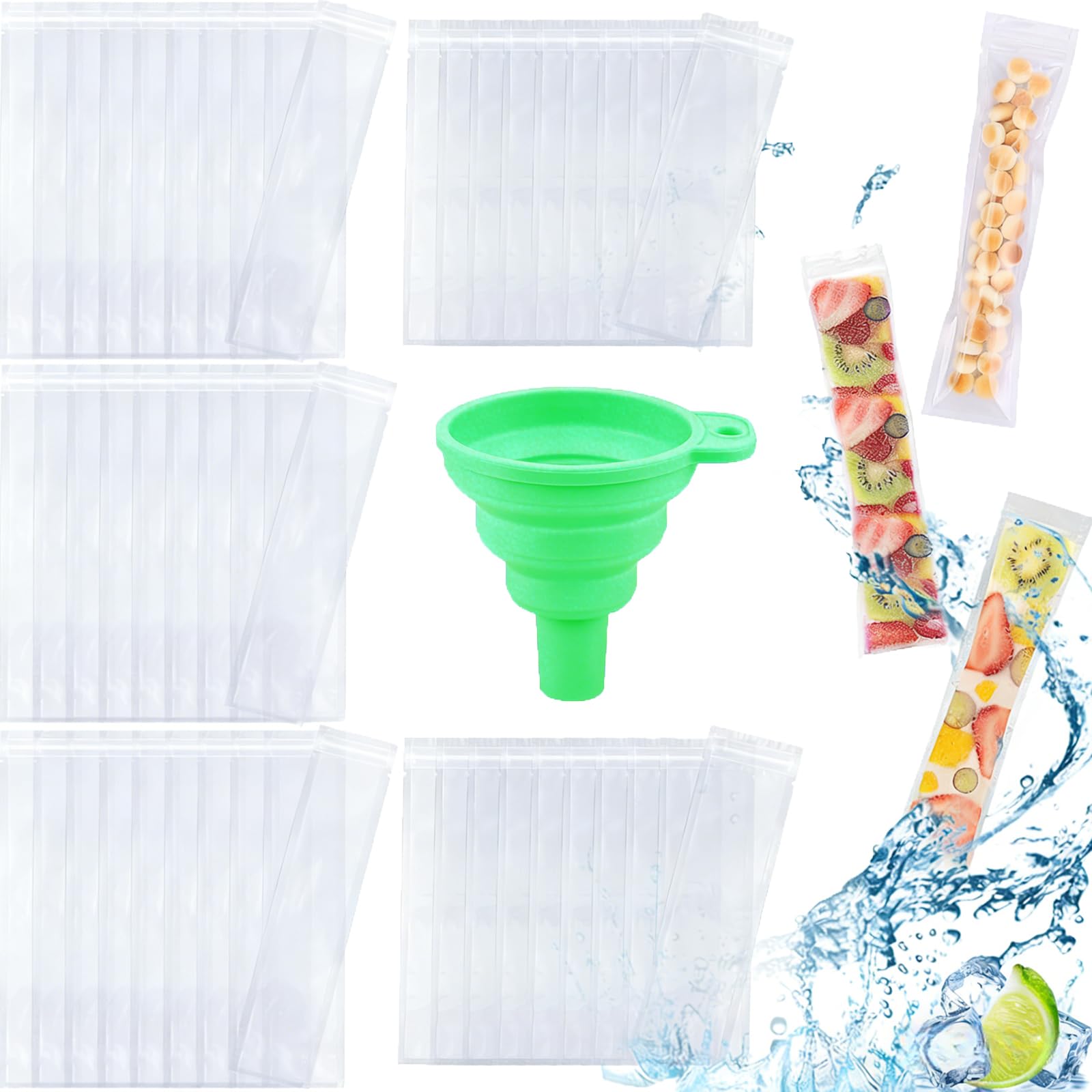 120 Pack Popsicle Mould Bags Disposable Ice Lolly Bags Ice Pop Mold Bags Plastic Ice Cream Favor Moulds Bags Candy Juice Yogurt Fruit Pouch with Zip Seal and Silicone Funnel for Homemade Popsicles