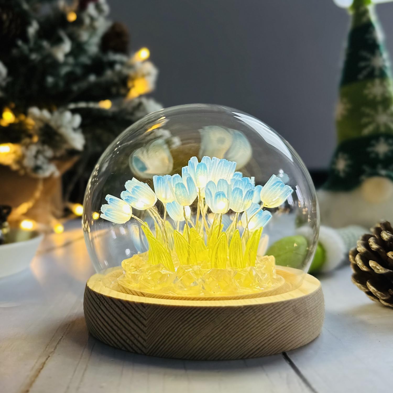 Photo 1 of (20 Flower) Assembled Tulip Lamp Night Light with Glass Dome, Cool Handmade Artificial Flower Table Lamp Bedroom Desk Decoration for Women Girlfriend Sister Besties Birthday Gift Unique (Blue)