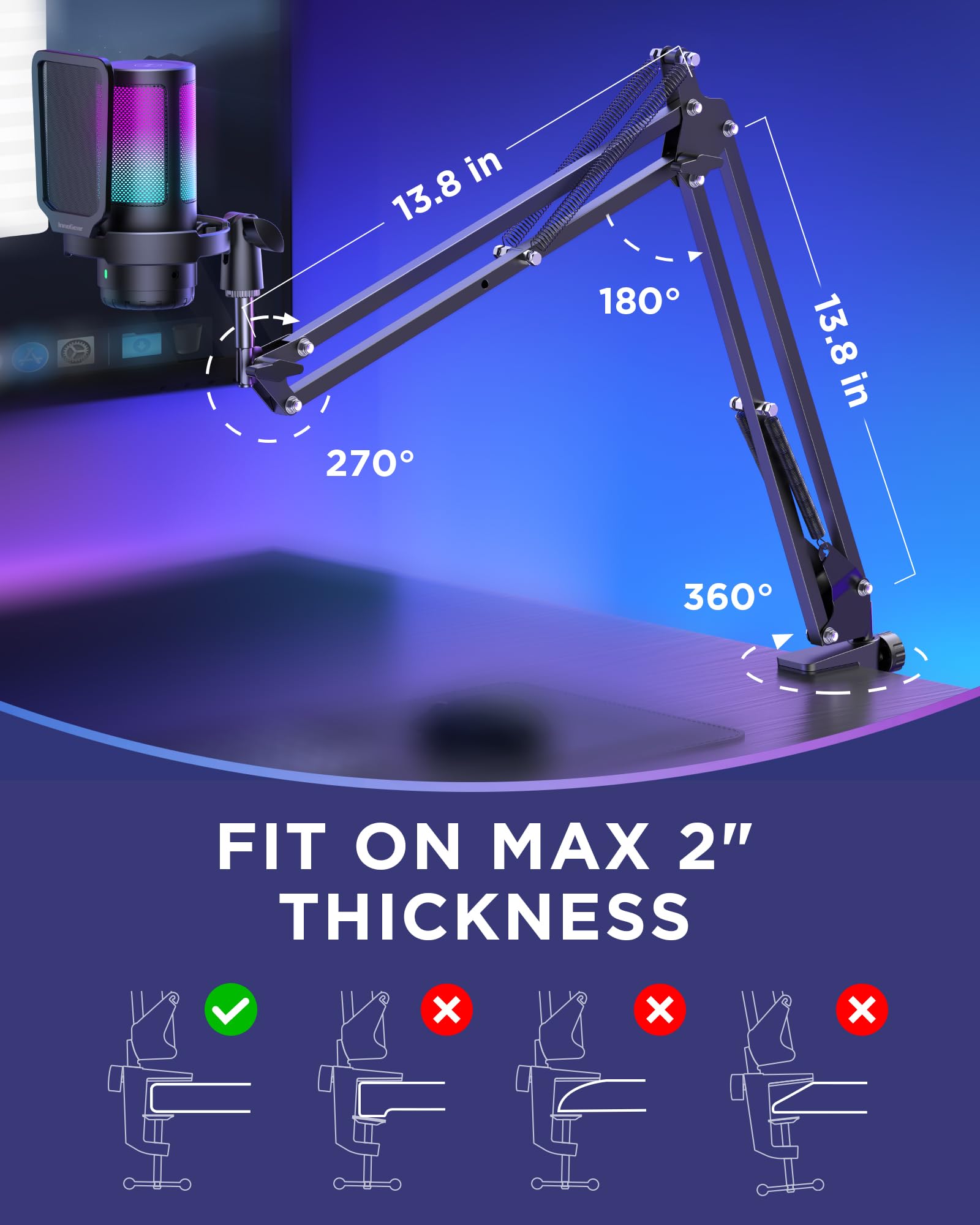 InnoGear Gaming USB Microphone, Noise Cancellation Condenser Mic with Mute, Gain, RGB Indicator, Boom Arm Stand for Streaming, Podcast, Twitch, YouTube, Discord, PC, Computer, PS4, PS5, Mac, Black